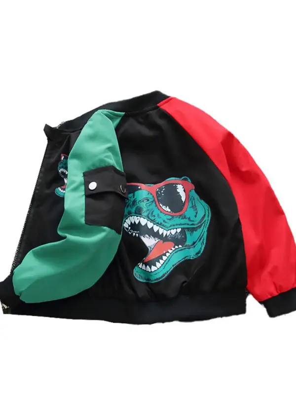 Boys Colorblock Dinosaur Print Pocket Zip Up Bomber Jacket, Casual Raglan Sleeve Mock Neck Outerwear for Fall & Winter, Kids Clothes for Daily Wear 7