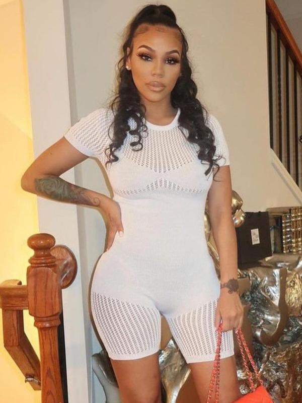 Women's Sexy Solid Sheer Round Neck Romper, Summer Clothes Women, Fashion Casual Hollow Out Short Sleeve Skinny Romper, Women Clothing for Summer, Summer Clothes Valentine's Day, gift 3