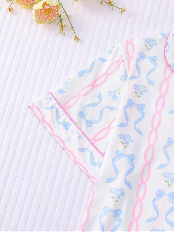 Women's Bowknot Print Lapel Neck Top & Elastic Waist Shorts Pyjama Two-piece Set, Casual Comfy Short Sleeve Top & Shorts Pj Set, Ladies Summer Sleepwear, Loungewear, Pajamas 4