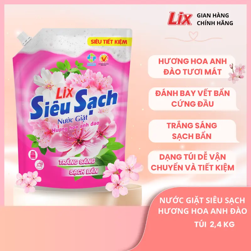 Nước giặt Lix Siêu sạch hương hoa anh đào túi 2.4Kg N2503 làm sạch cực nhanh vết bẩn, lưu hương dài lâu 0