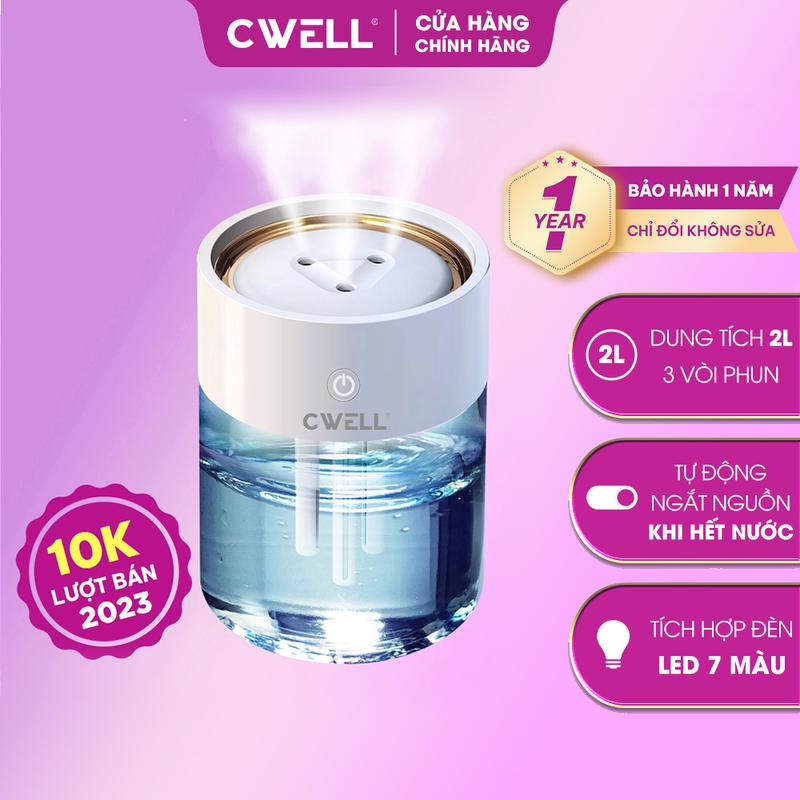 Máy phun sương 2 LÍT có đèn LED CWELL, 3 vòi phun siêu mạnh Tạo Độ Ẩm khắp phòng, phun liên tục 12H, không cần thay nước nhiều lần, dùng cho phòng từ 20-50m2 - TẶNG DÂY- C101H