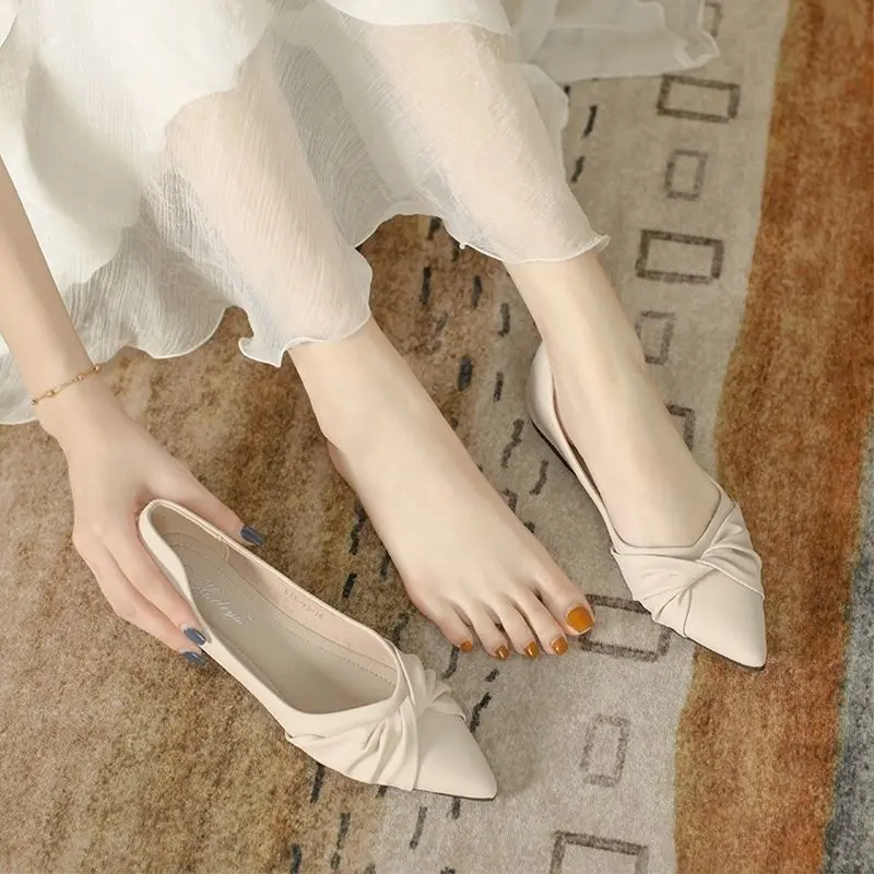 Giày Cao Gót Phẳng Mũi Nhọn, Honghui, Dành Cho Nữ, Bộ Sưu Tập Mùa Lò Xo, Thời Trang Dễ Phối Đồ Cắt Thấp Với Váy, Da Mềm, Đế Mềm, Thích Hợp Đi Lại, Giày Nữ Shoes Đế Cao
