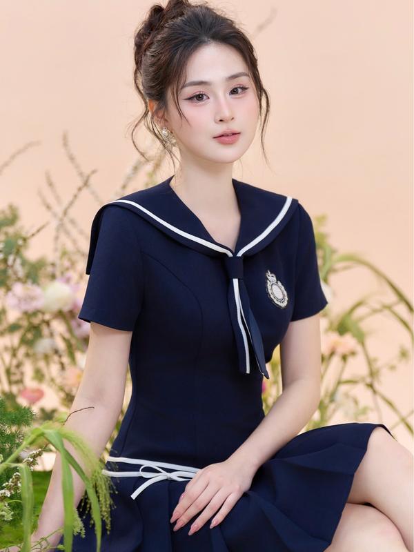 ZAMYSHOP - Váy TK cổ thủy thủ chân xếp ly nữ tiểu thư thanh lịch đi làm, đi chơi, dạo phố dáng xinh 6