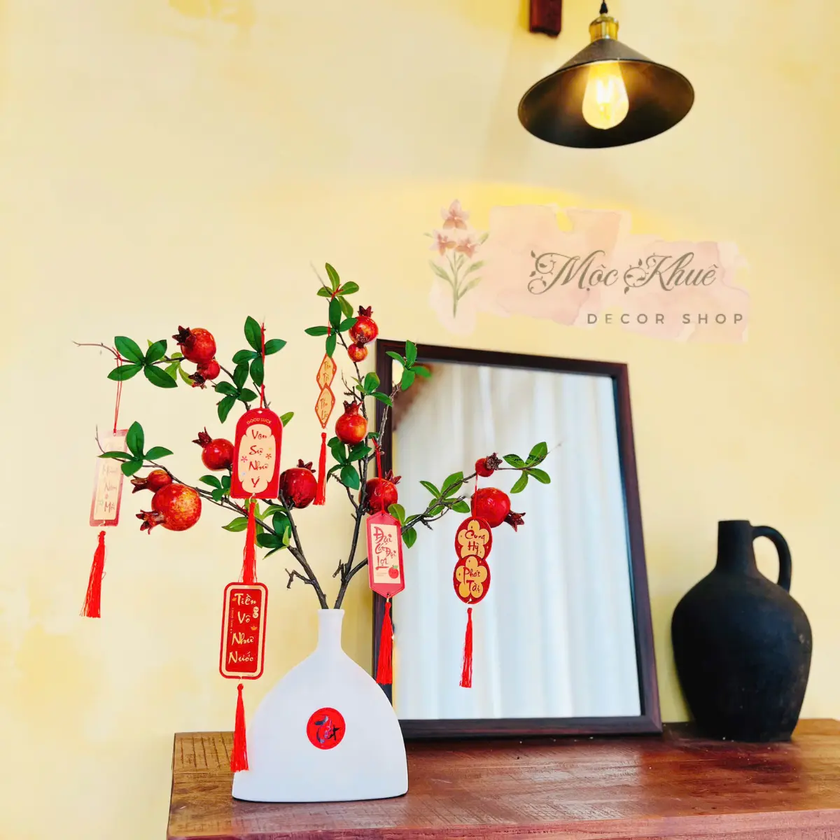 ( TẶNG 6 THẺ TREO TẾT,) Set Bình Đào Đông, lựu, hồng Trang Trí Tết  đẹp độc lạ nhà Mộc Khuê, Decor, Decor phòng cực đẹp, Decor Tết
