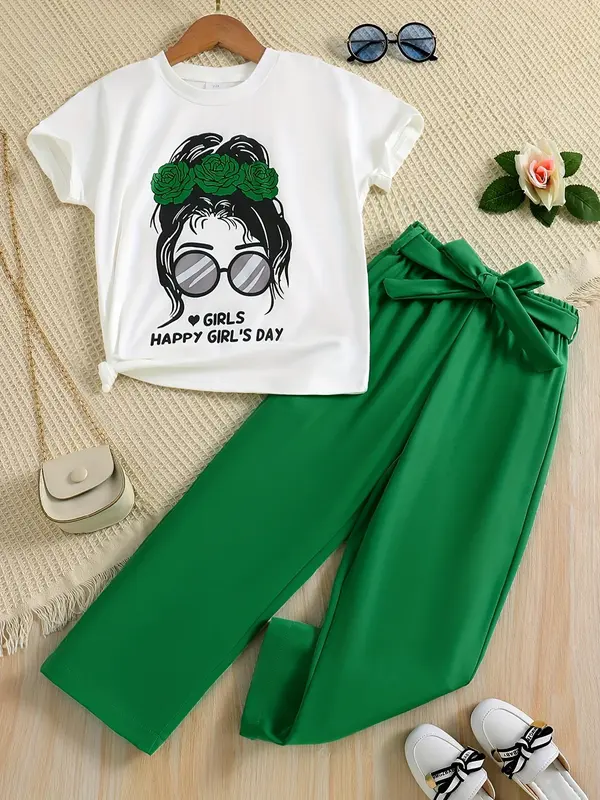 Two-piece Set Girl's Figure Letter Print Tee Top & Belted Straight Leg Pants Set, Round Neck Short Sleeve T-shirt & Elastic Waist Trousers for Daily Wear, Kid's Summer Clothes 0