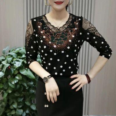 Kemeja-T V-leher, untuk Wanita, Longgar, Lengan Panjang, Corak Polka Dot, Gerudi Panas, Gaya Baharu Musim Luruh 2024, Ibu menyembunyikan perut Bercetak Atasan, Baju Kecil 0
