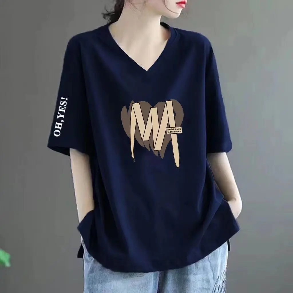 Spring Summer New Short Sleeves V-neck T-shirt Loose Print Fashion Trend Comfortable Top