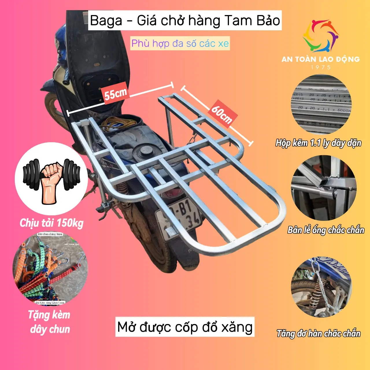 Giá chở hàng xe máy, Baga hàng dày chiu tải 150kg, kệ chở hàng đa năng mở được cốp đổ xăng an tâm chở hàng Phụ Kiện Phụ Tùng, giao hàng