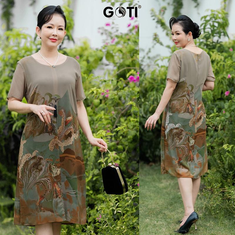 Product Introduction of GOTI Thời Trang Trung Niên Cao Cấp Đầm Suông Voan Xẻ Tà In Hoa Sen Tay Ngắn Quý Phái 3406  Nữ Nhung Dress 29