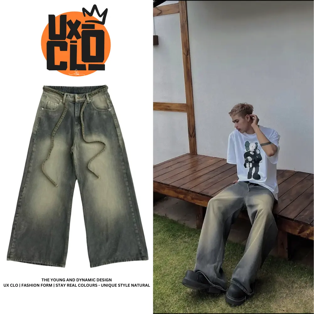 Quần Jean Ống Rộng Nam Nữ Phối Dây - GRIND LOOSE PLEAT JEANS - UX CLO - UXC12