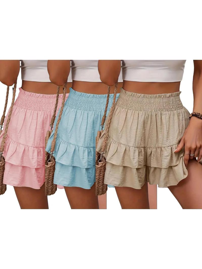 Product Introduction of Women's Frill Trim Ruffle Hem Shirred High Waist Shorts, Casual Tiered Layer Shorts for Fall, Ladies Bottoms for Daily Wear, Downtown Girl Clothes 13