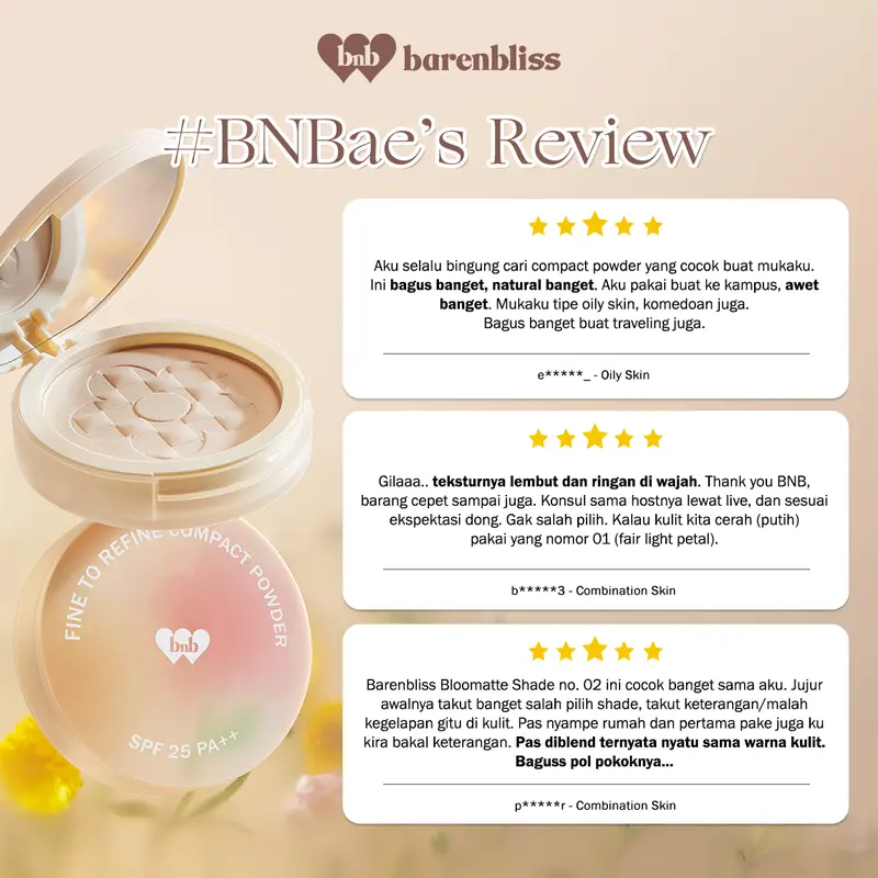 【GIFT】BNB barenbliss Korean Bloomatte Fine to Refine Compact Powder 「24H oil control」- Bedak Padat Waterproof | Bedak ringan dengan kontrol minyak hingga 24 jam, waterproof, sweatproof, dan dilengkapi SPF 25 PA++. 6
