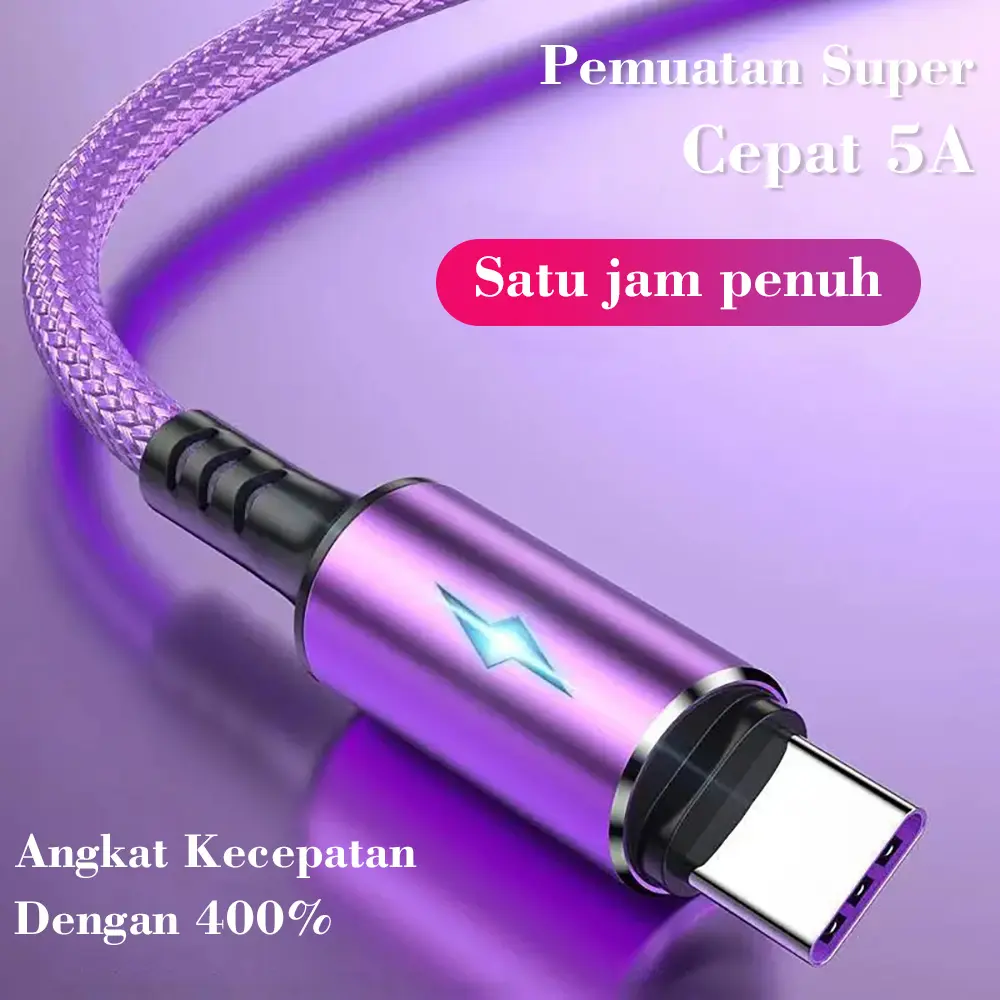 1.2M Kabel Pengisi Daya Indikator Daya 5A Kabel Ponsel Tipe C Pengisian Cepat USB Micro Android pengiriman cepat kabel  casan Ungu