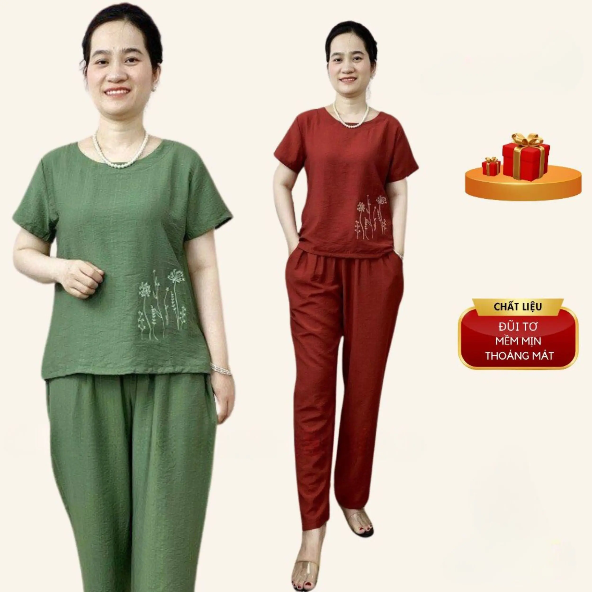Bộ quần áo nữ mặc ở nhà trung niên cho các mẹ, quần cạp chun dễ mặc cho các chị yêu Nữ Women