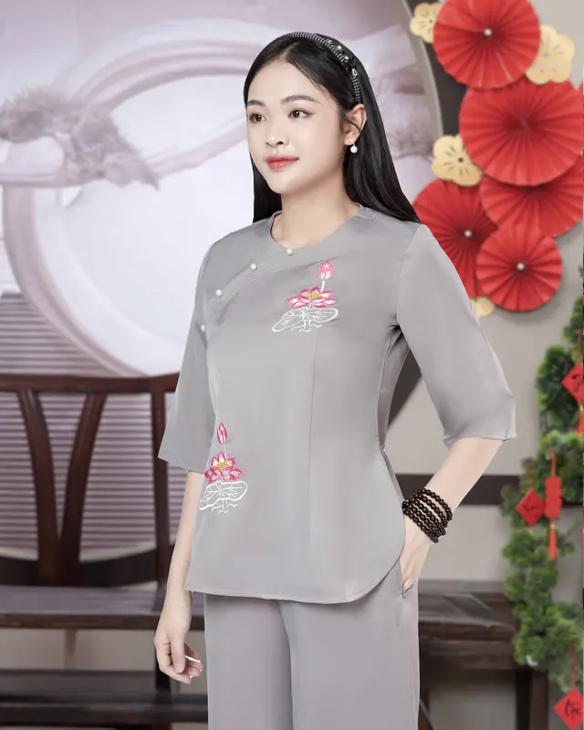Pháp Phục Cô Thỏ - Bộ Quần Áo Pháp Phục Vạt Sóng Thêu Sen Đính Ngọc 2
