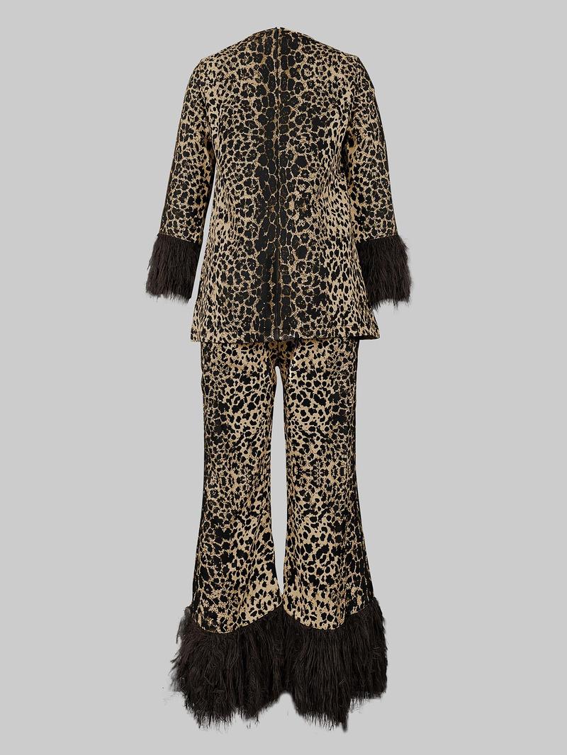 Product Introduction of Women's Leopard Print Contrast Faux Fur Trim Top & Pants Set, Elegant Long Sleeve Round Neck Top & Trousers, Ladies Clothes for All Seasons 5