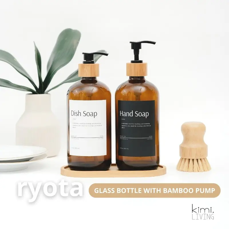KIMI LIVING - RYOTA Botol Refill KACA Pump BAMBOO untuk Sabun Shampoo Conditioner Hand Sanitizer / Refillable Bottle Amber Tutup Bambu Dekorasi Rumah Minimalis Estetik Putih 0