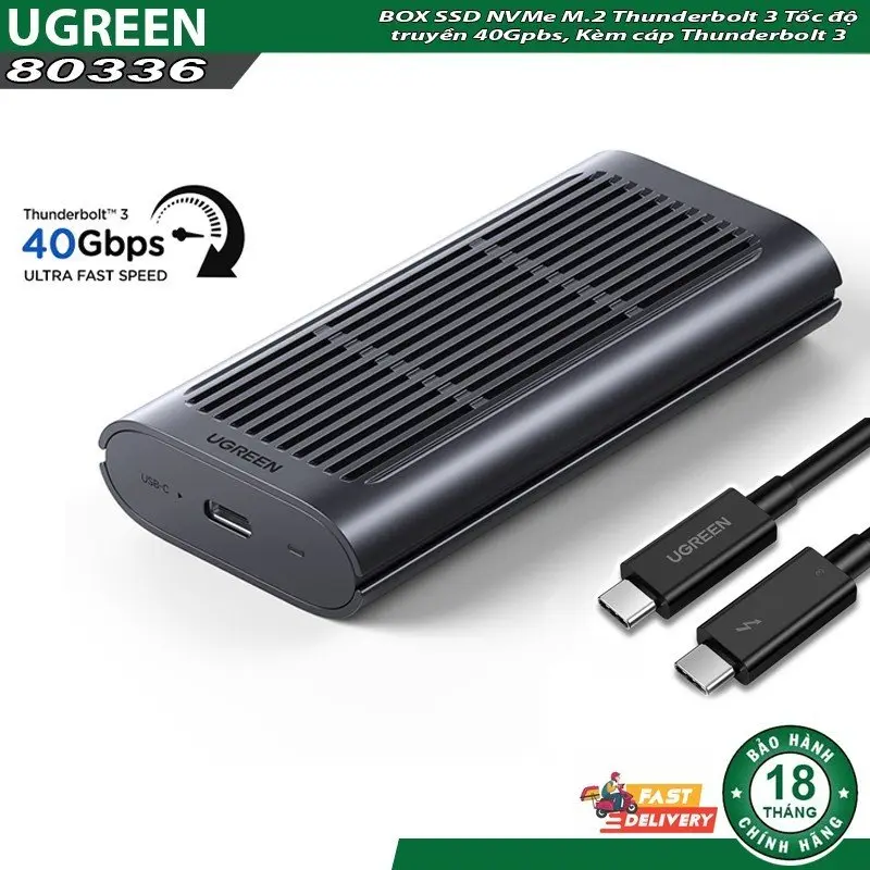 Hộp đựng ổ cứng Thunderbolt 3 Ugreen 80336 CM343 SSD NVMe M.2,Tốc độ 40Gpbs ,Kèm cáp Thunderbolt 3 0.5M 0
