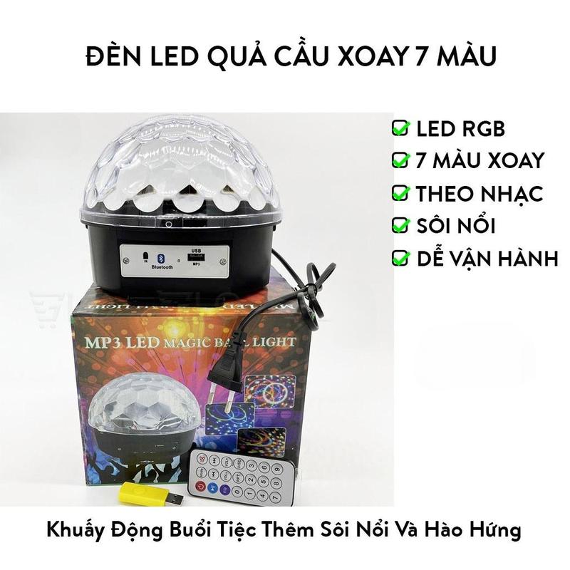 Đèn Led Quả Cầu Xoay Vũ Trường Sân Khấu 7 Màu Có Bluetooth, Phát Nhạc Thẻ Nhớ, Có USB Và Remote Đi Kèm