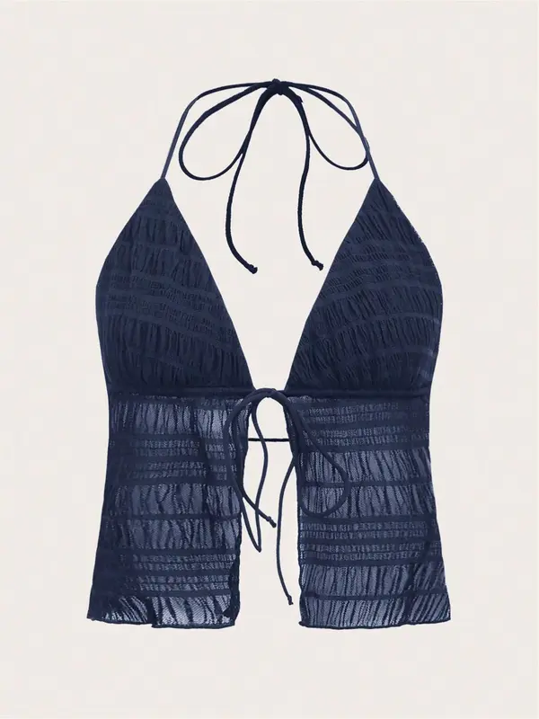 Women's Solid Color Tie Front Halter Top, Casual Backless Shirred Tie Back Sleeveless Top for Summer, Ladies Clothes for Beach Holiday Vacation 3