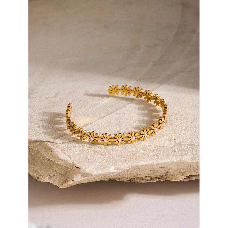 18K Gold Stainless Steel Little Daisy Pearl Opening Bracelet Ins Fashion Simple and Light Luxury Advanced Zircon Titanium Steel Bracelet 2