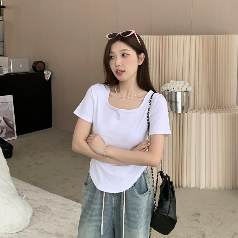 Product Introduction of [2098 Favorites] Regular Shoulder Short Sleeve T-Shirt for Women, Square Neck Top, Summer Plus Size, Regular Shoulder, Tummy Concealing, Slimming, Curved Design Top 10