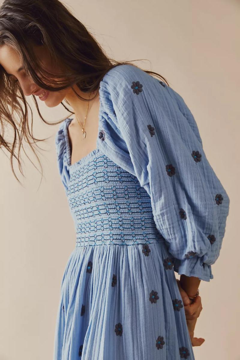 Product Introduction of Women's Floral Embroidery Frill Trim Shirred Flounce Sleeve Dress, Boho Fashion Long Sleeve Square Neck A Line Dress for Daily Holiday Vacation Wear, Ladies Dress for All Seasons, Dresses for Women, Spring Dress Casual Womenswear jaded london  dress 16