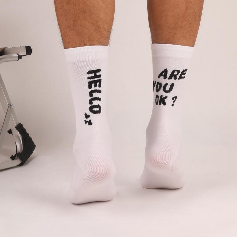'Are you ok' Trendy men cycling socks Compression mid cut sports crew socks MTB Road Bike bicycle socks Breathable Comfortable 4