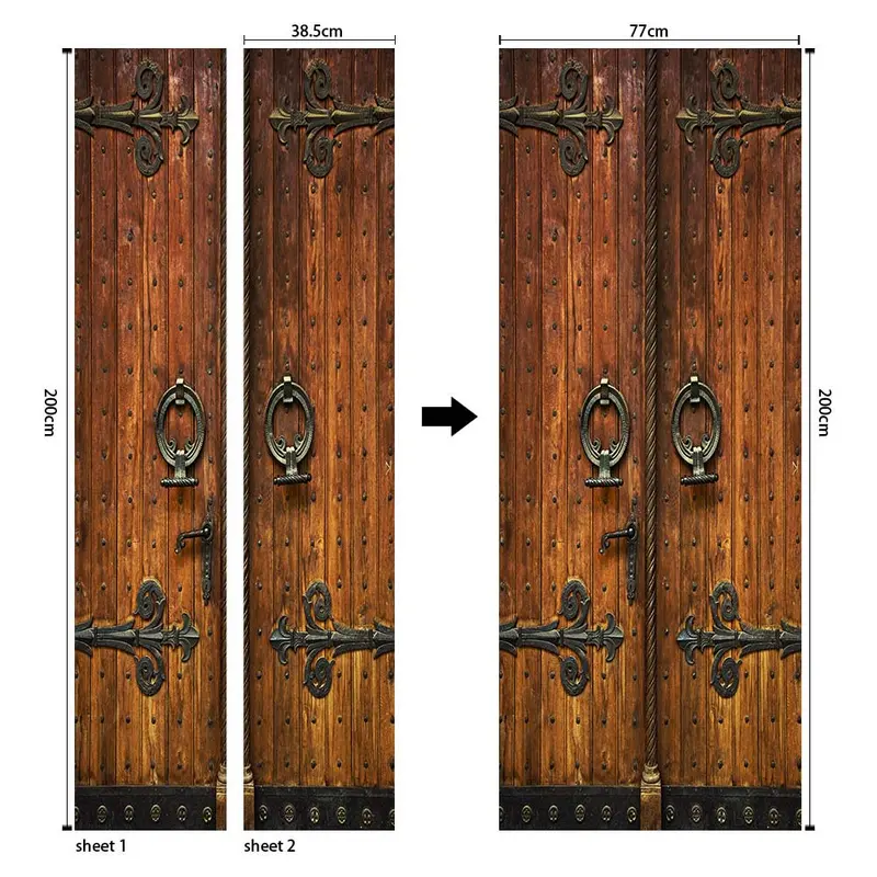Vintage Door Pattern Door Sticker, 2pcs/set Removable Waterproof Door Sticker, Self-adhesive Wall Decal, Wall Decor for Home Living Room Bedroom, Home Decor 6