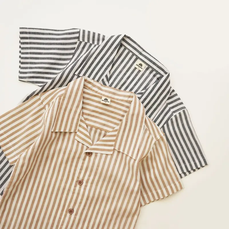 PEEWEE Kemeja lengan pendek anak laki-laki salur stripe striped open collar kerah terbuka anak Fashion 1-10 Tahun casual Multicoloured kaosanak polos 2