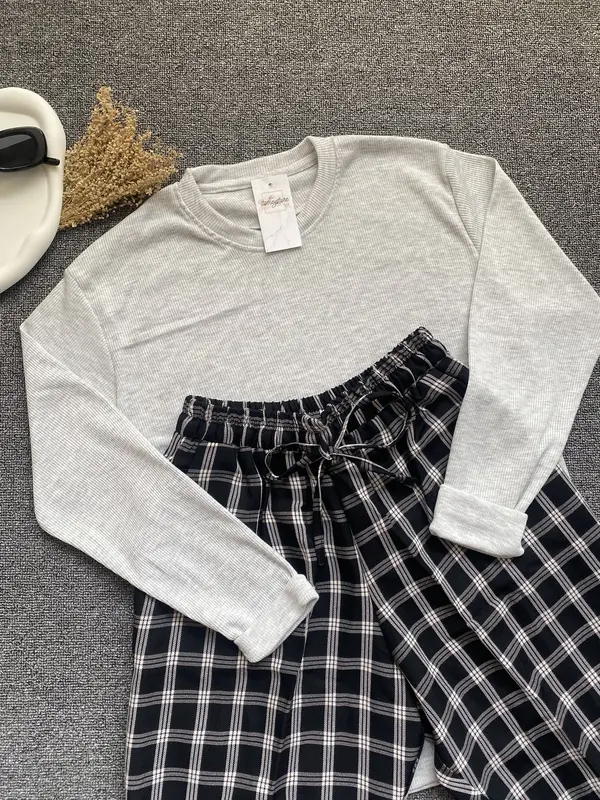 (BISA COD) One Set Outfit Kaos RIB dan Celana Baggy Pants atasan Lengan panjang 5