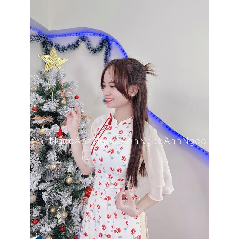 ( KHÔNG KÈM QUẦN ) Áo dài nhí kem vani tay loe 2 lớp, đính nơ xinh xắn