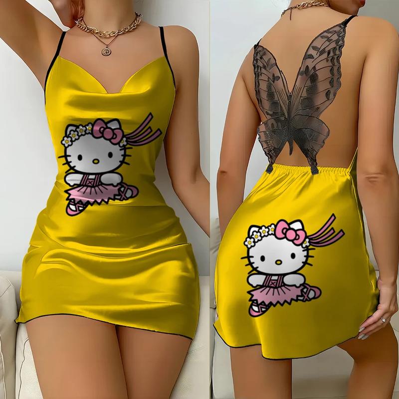 Váy Ngủ, Sanrio, Dành Cho Nữ, Bộ Sưu Tập In Hình Hello Kitty Mùa Hè Mới, Ren Satin Bướm, Hở Lưng, Gợi Cảm, Thanh Lịch Và Đơn Giản, Thích Hợp Dự Tiệc, Váy Ngủ 8