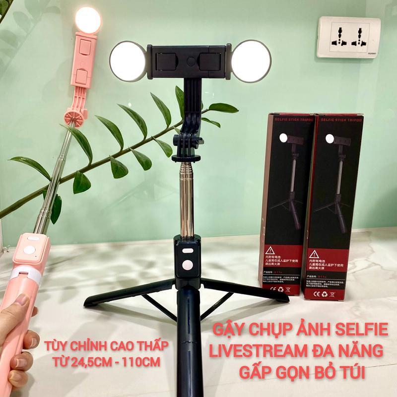 Gậy Chụp Ảnh 3 Chân Đa Năng Kéo Dài, Kèm Đế Dựng Tripod Hỗ Trợ Quay Video Livestream Chụp Ảnh Có Điều Khiển Bluetooth và Đèn Led Phụ Kiện Selfie Kem