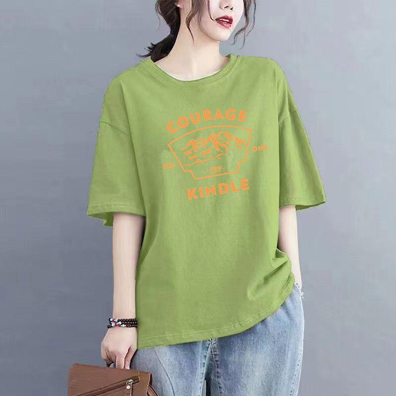 Áo Thun Cotton Ngắn Tay, Bộ Sưu Tập Mới Mùa Hè Năm 2025, Dành Cho Phụ Nữ, Phong Cách Hàn Quốc, Dáng Rộng Vừa Vặn, In Hình, Ngoại Cỡ, Dễ Phối Đồ, Hình Dạng Lắc Lư, Áo Cánh Cổ Tròn, Áo Lớp Nền 6