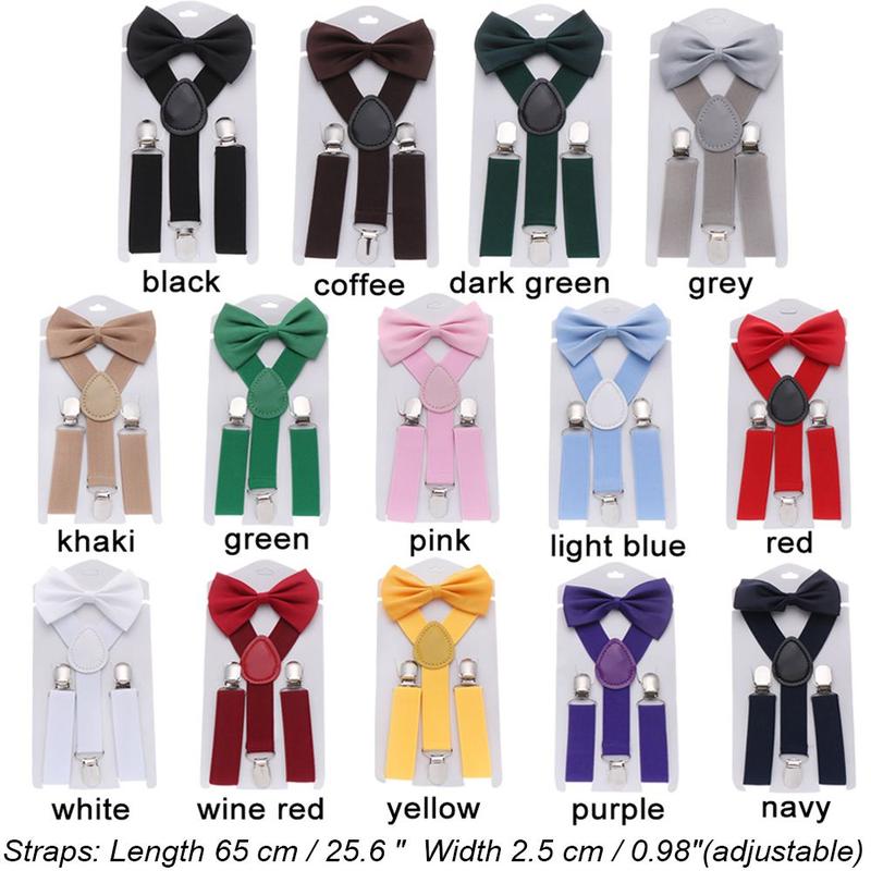 Product Introduction of 2 Sets Gifts Charming Solid Color Hair Bow Set Baby Clip-on Adjustable Elastic Braces Kids Suspenders Cow Tie Belts Printed Bow Tie 19