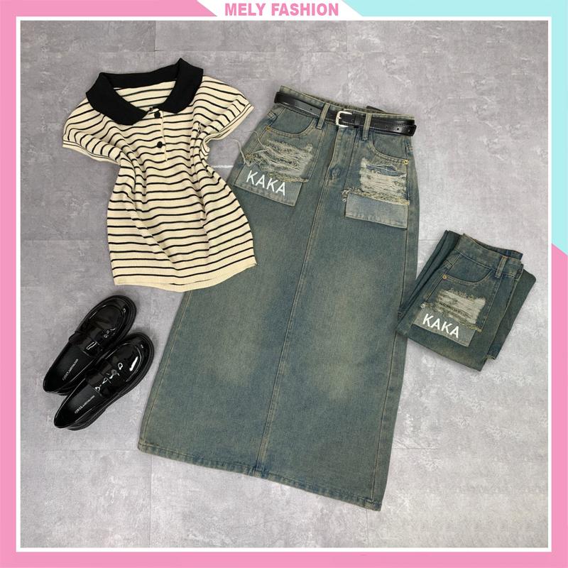 Chân váy jean bò denim dáng dài suông chữ a xẻ sau Nữ lưng cao túi rách tua mài thêu chữ KAKA Women Kem VB01