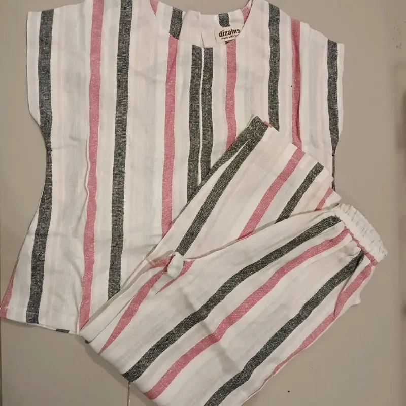 setelan kutung salur pink abu anak perempuan bahan katun linen 0