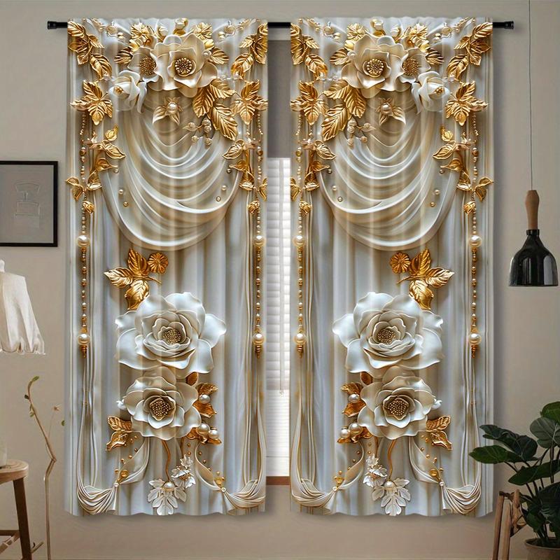 Product Introduction of Rèm Polyester Pongee, Bộ 2 mảnh, Thiết kế hoa màu vàng nổi thanh lịch, Tấm cửa sổ có túi thanh treo bán mờ, thích hợp cho phòng ngủ, rèm in kỹ thuật số phong cách đương đại, dệt kim, trọng lượng vải 100-120g, có thể giặt bằng máy, điều trị trang trí 1