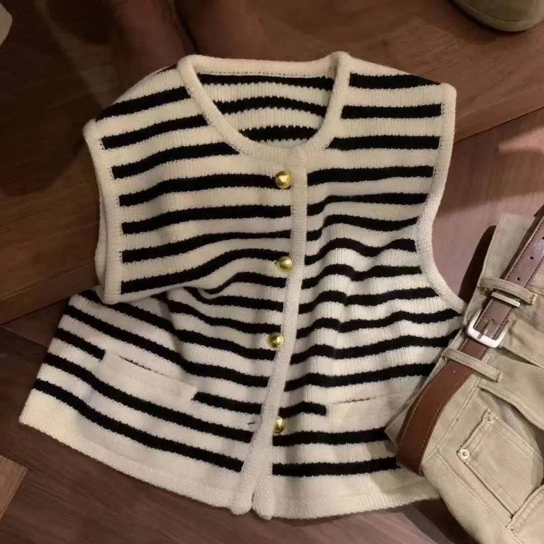 Áo Khoác Vest Dệt Kim Không Tay Sọc Đen Trắng, Phong Cách Cổ Điển, Dành Cho Nữ, Thích Hợp Cho Mùa Xuân Và Mùa Thu, Áo Cardigan Có Thể Mặc Ngoài Trời, Áo Len Áo Ghi Lê Áo Ghi Lê Women Top