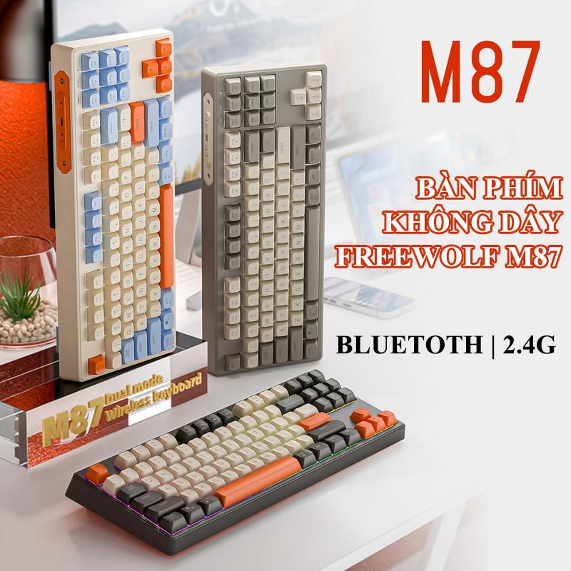 Bàn phím không dây FREEWOLF M87 kết nối Bluetooth và chip USB 2.4G thiết kế TKL 87 phím với nút nhấn không tiếng ồn