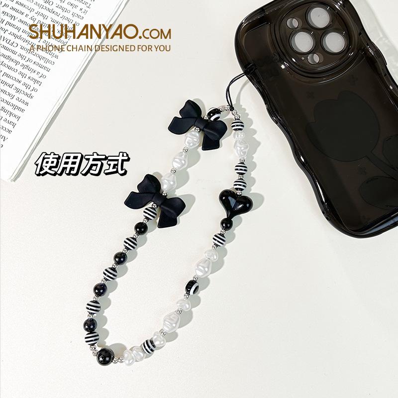 Product Introduction of 【SG】Mobile Phone Strap Ins Style Sweet Cool Black Three-Dimensional Beads Chain Rope Anti-Lost Short Wrist Lanyard 2