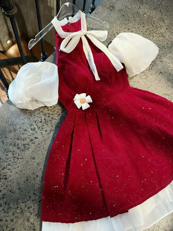 Đầm nữ nhung kim tuyến cổ yếm cột nơ phối tay tơ kiểu dáng xòe đính hoa xinh xắn dễ thương Women Dress 6