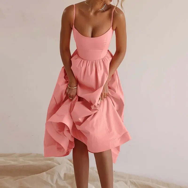2025 New Women's Clothing Temperament Commute Sexy Low-Cut Slim Fit Waist Trimming Spaghetti Straps Big Swing Dress Women Formal Womenswear