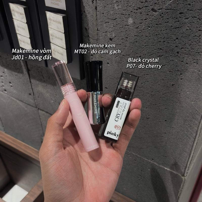 2-[combo 3 son tặng cọ] black crystal p07 đỏ cherry + son kem makemine mt02 đỏ cam gạch + son bóng makemine vòm jd01 hồng đất