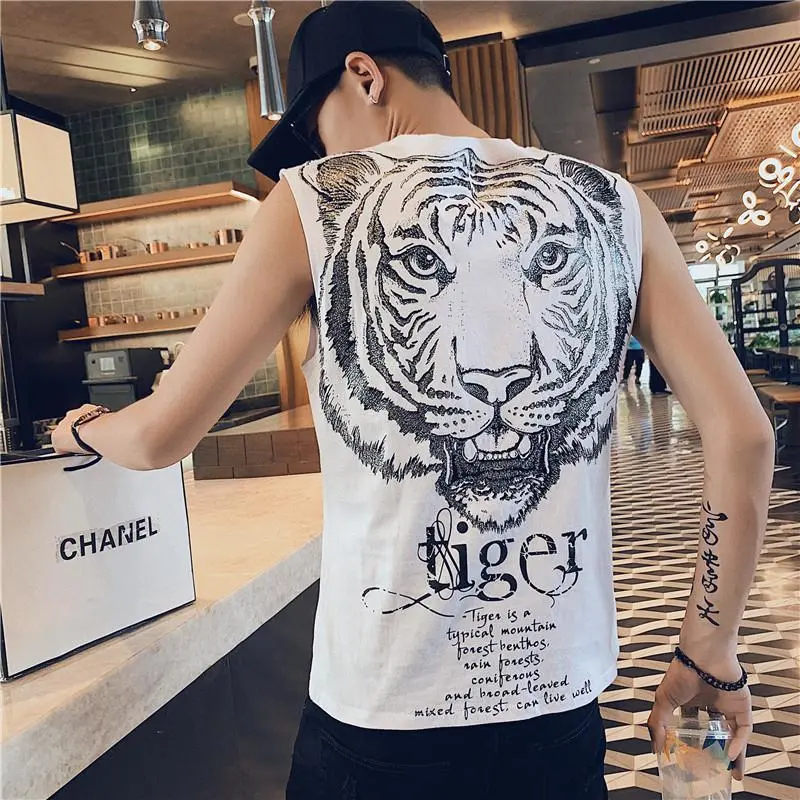 Summer Men's Sleeveless Vest Personalized Tiger Head Printing Youth Fashion Outwear Top Waistcoat T-shirt Menswear Human Crewneck Round Neck Lingerie Operator