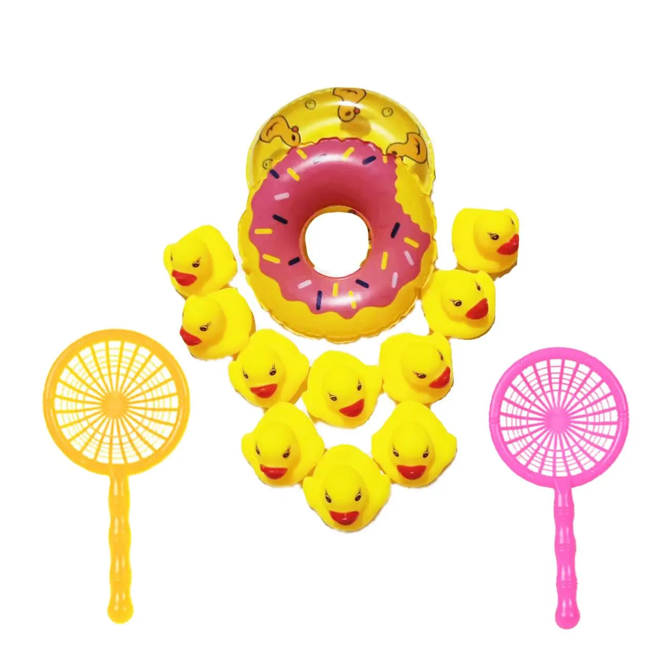 14pcs/set Play Water Toy, Mini Swimming Ring & Duck Design Squeak Toy & Fishing Net, Bath Toy For Baby Shower
