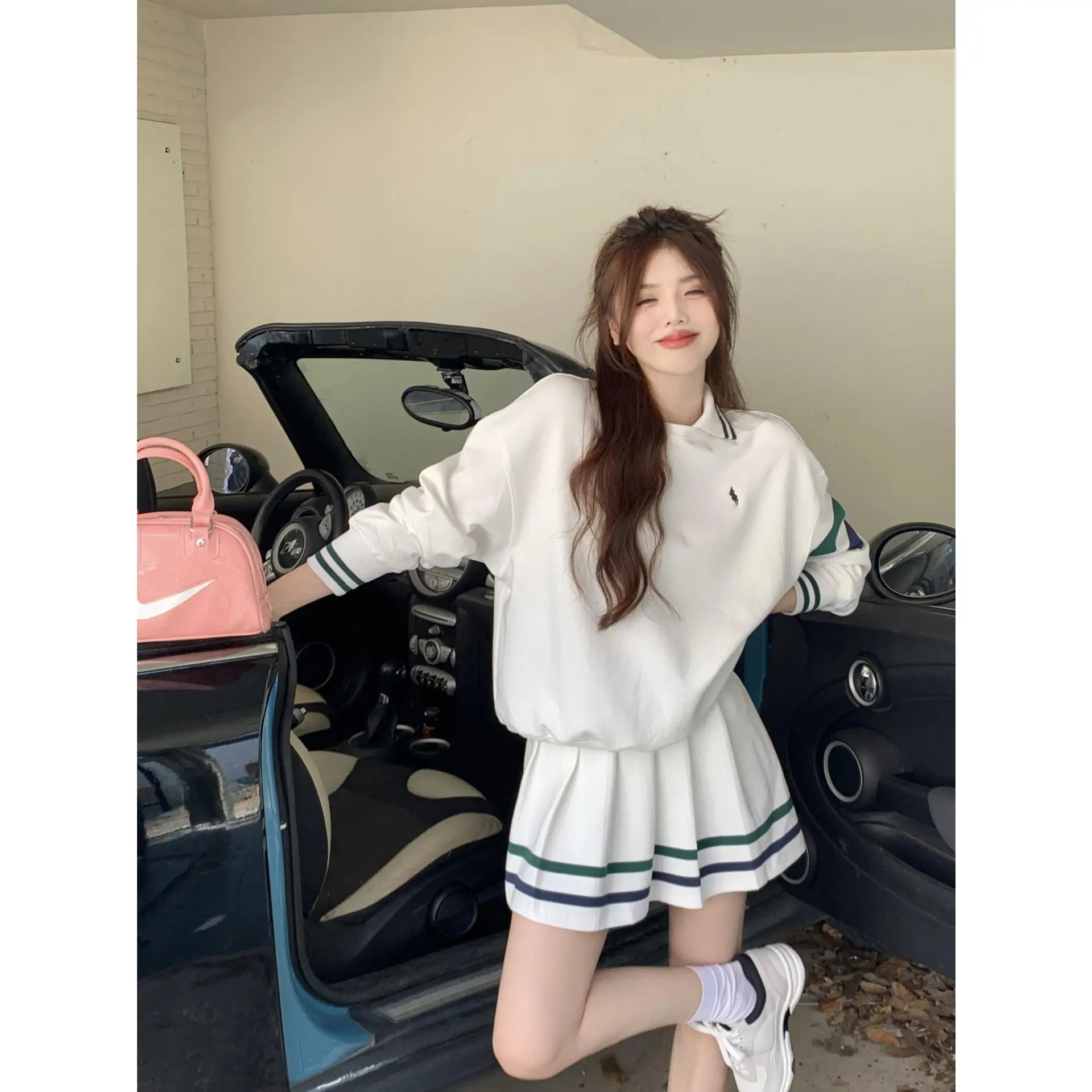 Retro Polo Sweater Elegant College Style High Waist Pleated Skirt Two Pieces