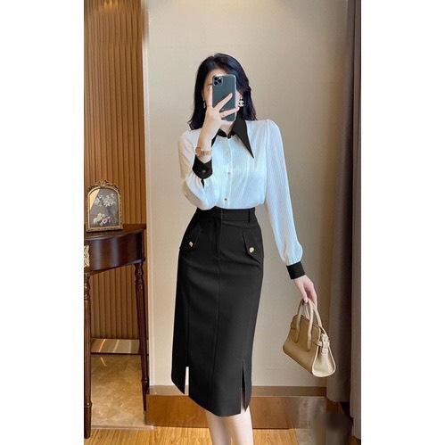 Chân váy suông công sở dài qua gối có xẻ trước có túi SUÔNG KHÓA TRƯỚC d68cm Susuclothing