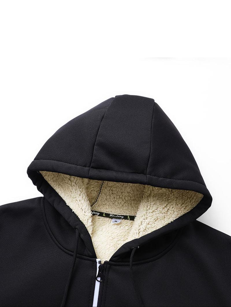 Product Introduction of Men's Letter Print Drawstring Zip Up Fleece Hooded Jacket, Regular Fit Casual Long Sleeve Thermal Lined Outerwear for Fall & Winter, Men's Clothes for Daily Wear 15